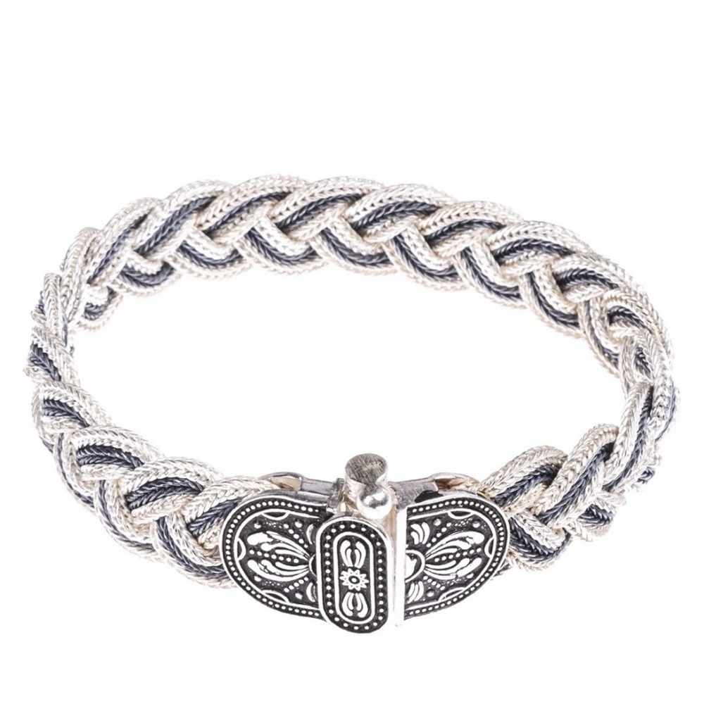 Braided Silver-Tone Women's Bracelet with Decorative Clasp